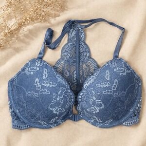 Blue Lace Front Close Bra Racerback 32DD Push Up Plunge Coquette Y2K La Senza